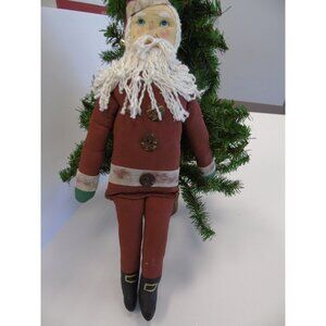 Vintage Christmas Santa Doll Made From Wood And Fabric Beard And Three Buttons